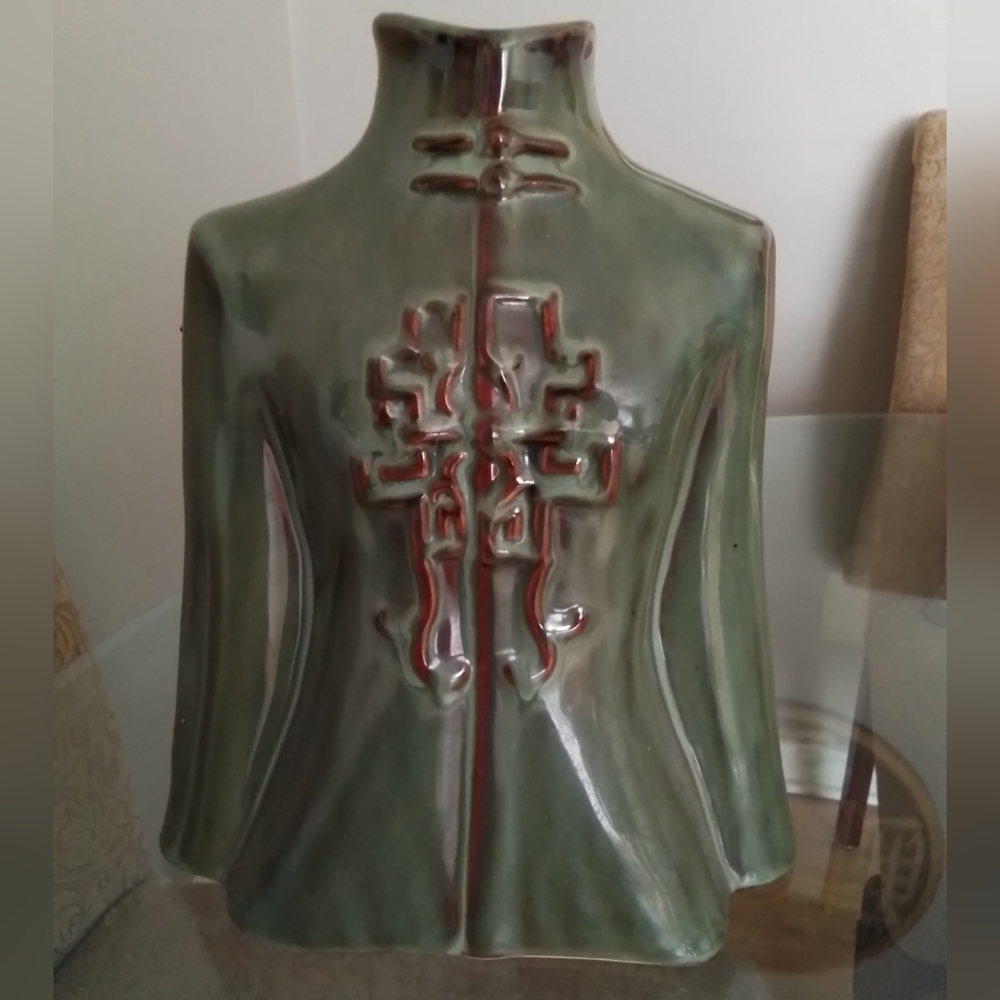 Decorative Olive Green Ceramic Jacket Vase with Red Accents